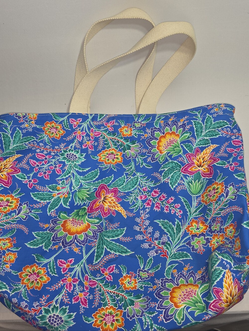 Accessories Unlimited Blue Floral Canvas Tote Bag with Cream Handles